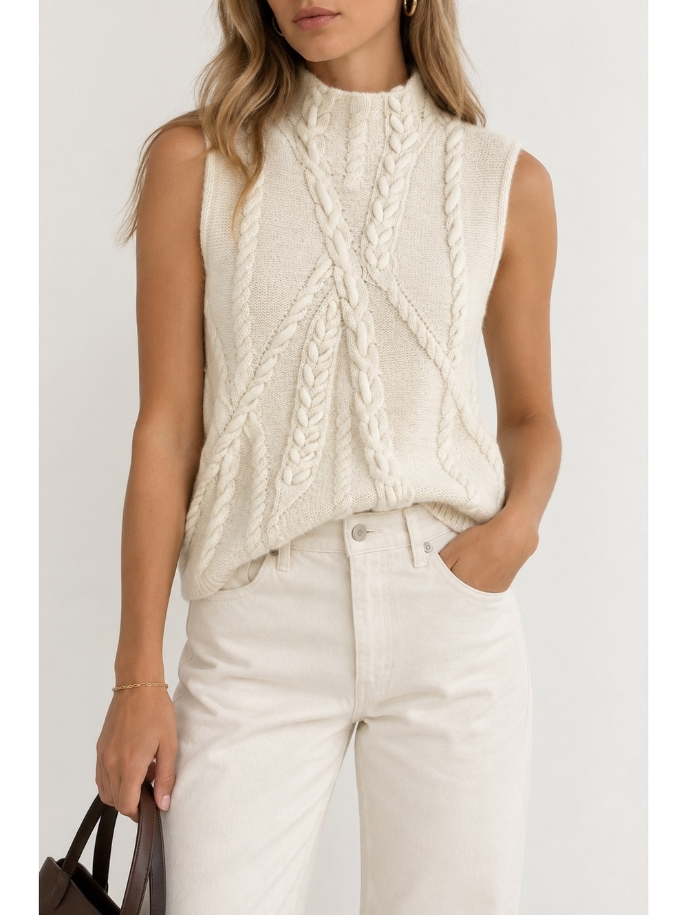 ZARA Ivory Cable Knit Wool Blend Sleeveless Mock Neck Sweater Vest Size S